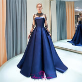 Navy Blue Long Sleeves Satin Beaded Evening Ball Gown - FashionByTeresa
